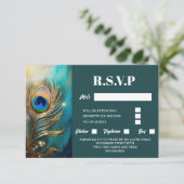 Pfauenfeder aus Marmor, dunkel aquamariner Luxus e RSVP Karte (Stehend Vorderseite)