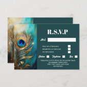 Pfauenfeder aus Marmor, dunkel aquamariner Luxus e RSVP Karte (Vorne/Hinten)