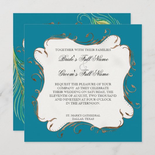 Pfauenfeder bei Wirbel - Einladung zur Hochzeit (Vorne/Hinten)