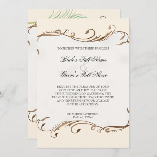 Pfauenfeder bei Wirbel - Einladung zur Hochzeit (Vorne/Hinten)