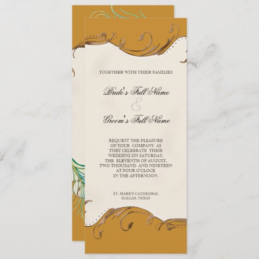 Pfauenfeder bei Wirbel - Einladung zur Hochzeit (Vorne/Hinten)