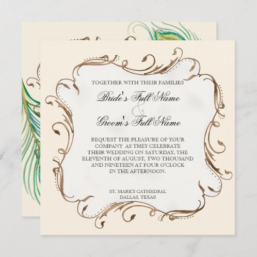 Pfauenfeder bei Wirbel - Einladung zur Hochzeit (Vorne/Hinten)