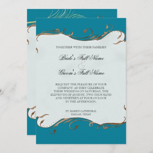 Pfauenfeder bei Wirbel - Einladung zur Hochzeit (Vorne/Hinten)