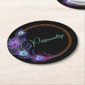 Pfauenfeder eleganter Glitzer sieht lila schwarz a Runder Pappuntersetzer (Angewinkelt)