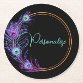 Pfauenfeder eleganter Glitzer sieht lila schwarz a Runder Pappuntersetzer (Vorderseite)