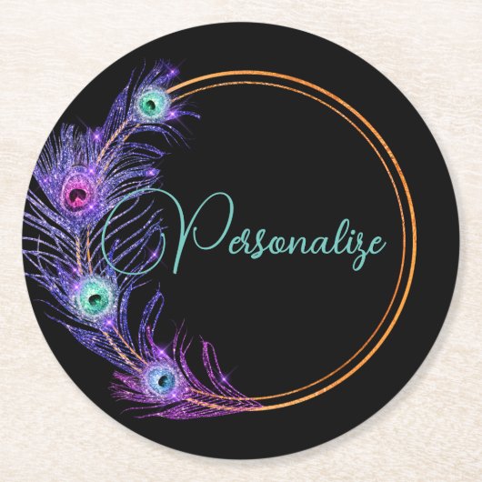 Pfauenfeder eleganter Glitzer sieht lila schwarz a Runder Pappuntersetzer (Vorderseite)