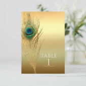 Pfauenfeder Gold Exotische Boho-Chic-Tischnummer Einladung (Stehend Vorderseite)