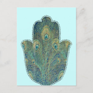 Pfauenfeder Hamsa Boho Judaica Postkarte