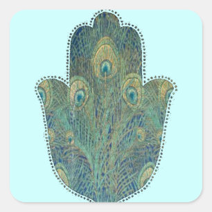 Pfauenfeder Hamsa Boho Judaica Quadratischer Aufkleber