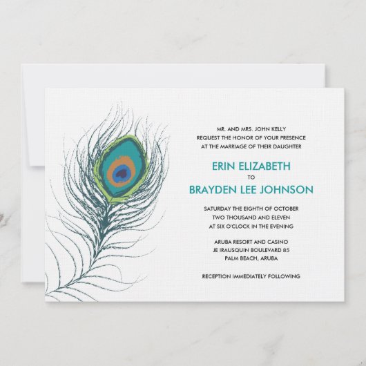 Pfauenfeder-Hochzeit Einladung (Vorderseite)