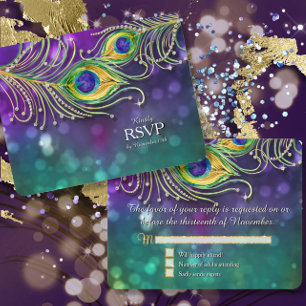 Pfauenfeder Hochzeit Gold Glitter Verziert RSVP Karte