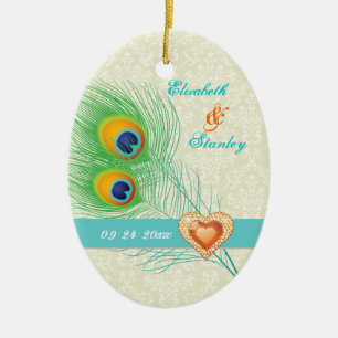 Pfauenfeder-Juwel-Herz-Hochzeit Save the Date Keramik Ornament
