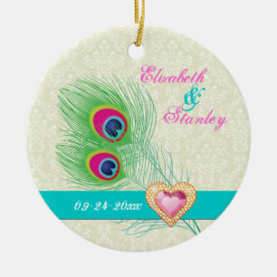 Pfauenfeder-Juwel-Herz-Hochzeit Save the Date Keramik Ornament