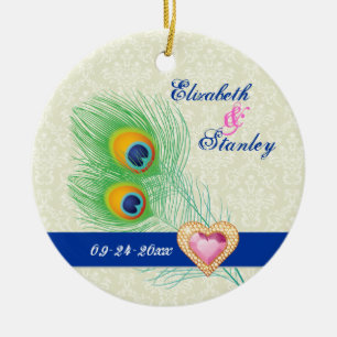 Pfauenfeder-Juwel-Herz-Hochzeit Save the Date Keramik Ornament