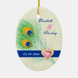 Pfauenfeder-Juwel-Herz-Hochzeit Save the Date Keramikornament