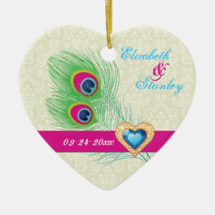 Pfauenfeder-Juwel-Herz-Hochzeit Save the Date Keramikornament