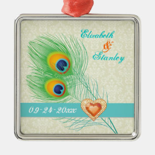 Pfauenfeder-Juwel-Herz-Hochzeit Save the Date Silbernes Ornament