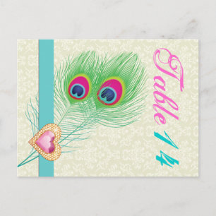 Pfauenfeder-Juwel-Herz-Hochzeit-Tischnummer Postkarte