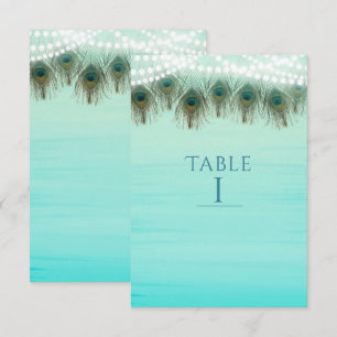 Pfauenfeder- & Lichter-Rustikales Tischnummernschi Einladung