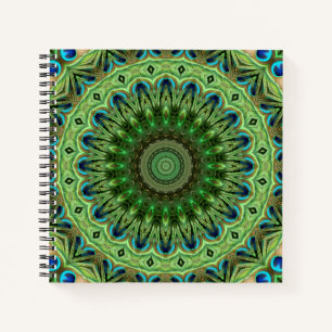 Pfauenfeder-Mandala Smaragd- und Blauer Symmetrie Notizblock