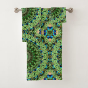 Pfauenfeder-Mandala Smaragd- und Blaufarbene Symme Badhandtuch Set