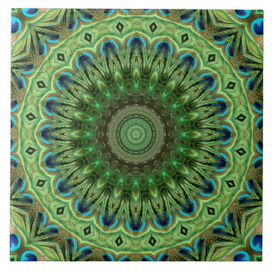 Pfauenfeder-Mandala Smaragd- und Blaufarbene Symme Fliese