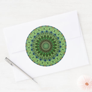 Pfauenfeder-Mandala Smaragd- und Blaufarbene Symme Runder Aufkleber