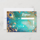 Pfauenfeder mit blauem goldgelbem Hintergrund RSVP Karte (Vorderseite)