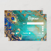 Pfauenfeder mit blauem goldgelbem Hintergrund RSVP Karte (Vorne/Hinten)