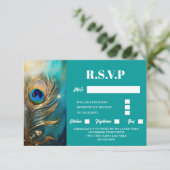 Pfauenfeder mit Marmor aquamariner Hintergrund Lux RSVP Karte (Stehend Vorderseite)