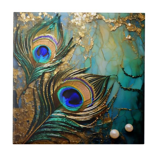 Pfauenfeder-Rosetten aus Marmorperle-Imitat-Folie Fliese (Vorderseite)