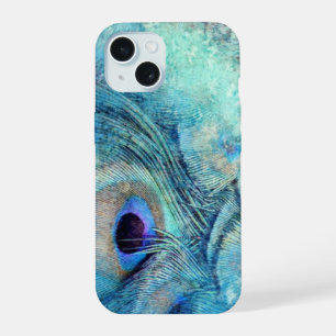 Pfauenfeder Teal Blau Lila Marmor elegant iPhone 15 Hülle