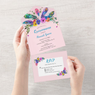 Pfauenfeder- und Blumen-Rosé-Quinceañera-Kleid All In One Einladung