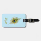 Pfauenfeder und Kalligraphie auf hellblauer Ebene Gepäckanhänger (Vorderseite horizontal)