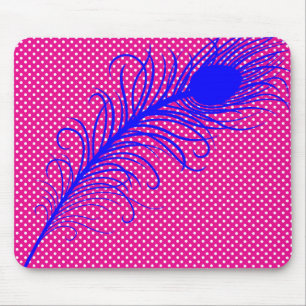 Pfauenfeder und Polka Dots - Pink & Royal Blue Mousepad