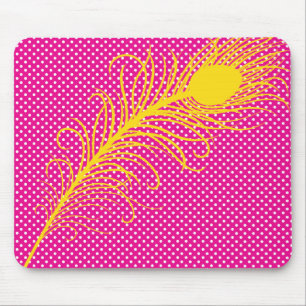 Pfauenfeder und Polka Dots - Rosa & Gelb Mousepad