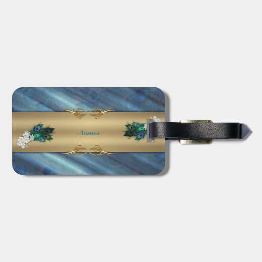 Pfauenfeder und Smaragdgrüne Metallseide Gepäckanhänger (Rückseite horizontal)