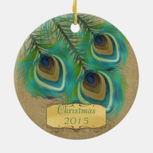 Pfauenfeder-Weihnachts-Paar-Foto-Ornamente Keramik Ornament