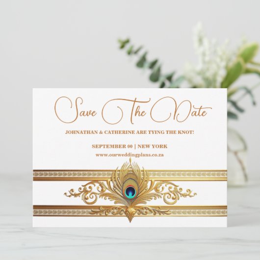 Pfauenfedergold geblüht Vogelthema Einladung (Stehend Vorderseite)