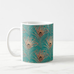 Pfauenfedermuster Glitzer aquamarin goldgelb Kaffeetasse
