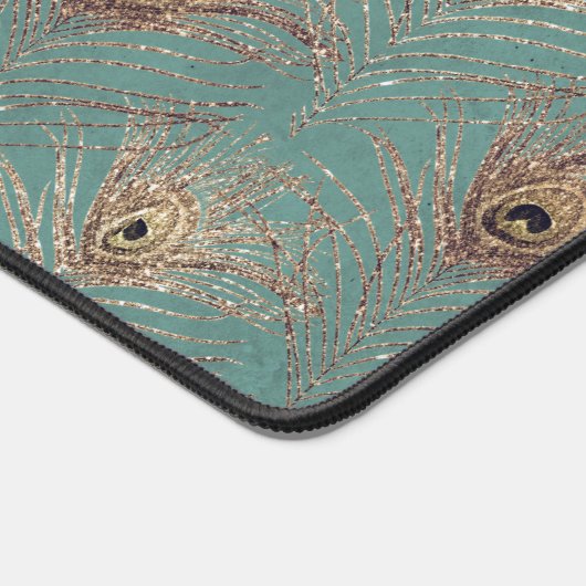 Pfauenfedermuster Glitzer aquamarin goldgelb Schreibtischunterlage (Ecke)