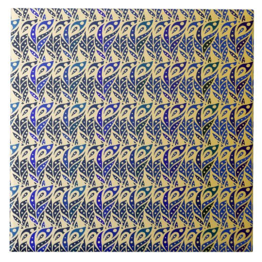 Pfauenfedermuster in Blau und Gold Fliese (Vorderseite)