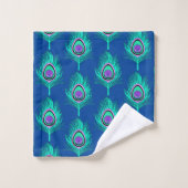 PfauenFedern, Aqua on Deep Cobalt Blue Badhandtuch Set (Waschlappen)