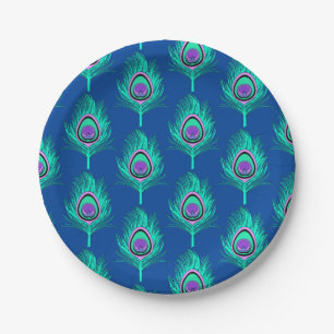 Pfauenfedern, Aqua on Deep Cobalt Blue Pappteller