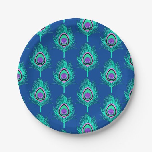 PfauenFedern, Aqua on Deep Cobalt Blue Pappteller (Vorderseite)