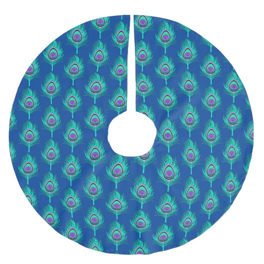 PfauenFedern, Aqua on Deep Cobalt Blue Polyester Weihnachtsbaumdecke (Vorderseite)