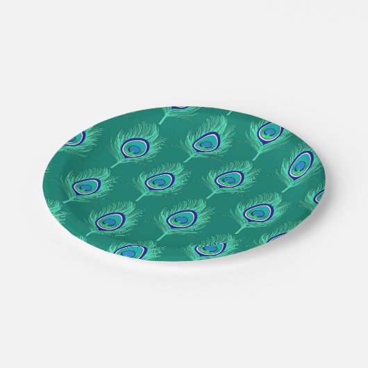 Pfauenfedern, Aqua on Turquoise / Peacock Pappteller (Schrägansicht)