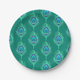 Pfauenfedern, Aqua on Turquoise / Pfau Pappteller