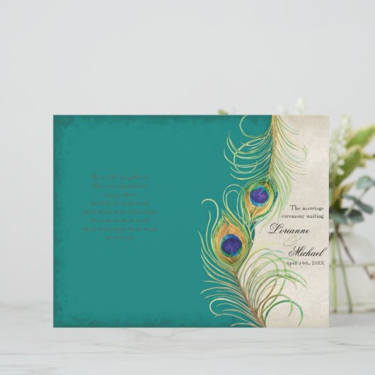 PfauenFedern - Aquamarines Hochzeitsprogramm (Stehend Vorderseite)
