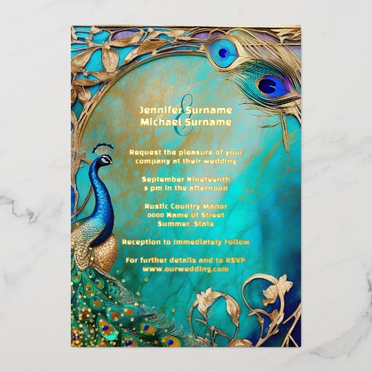 Pfauenfedern Art Nouveau Luxus Folieneinladung (Vorderseite)